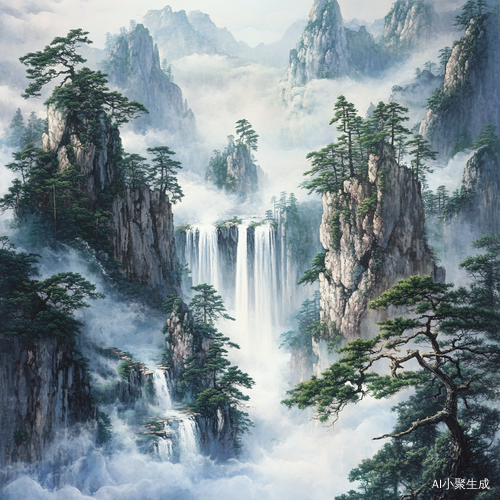 中国山水画展示巍峨山峦与瀑布的壮丽景色