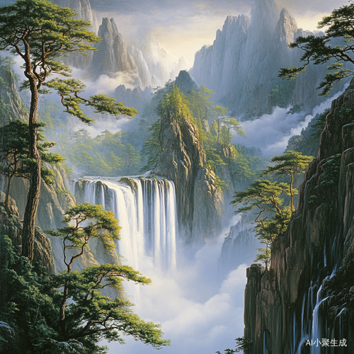 中国山水画展示巍峨山峦与瀑布的壮丽景色