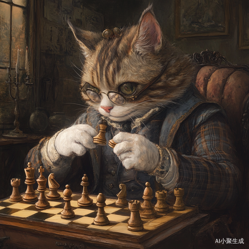 拟人猫专注下棋的棋院场景