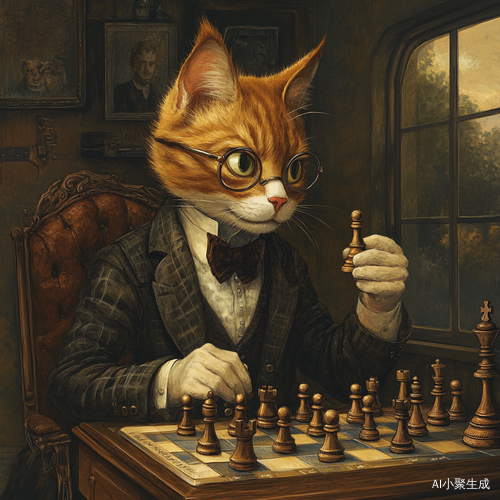 拟人猫专注下棋的棋院场景