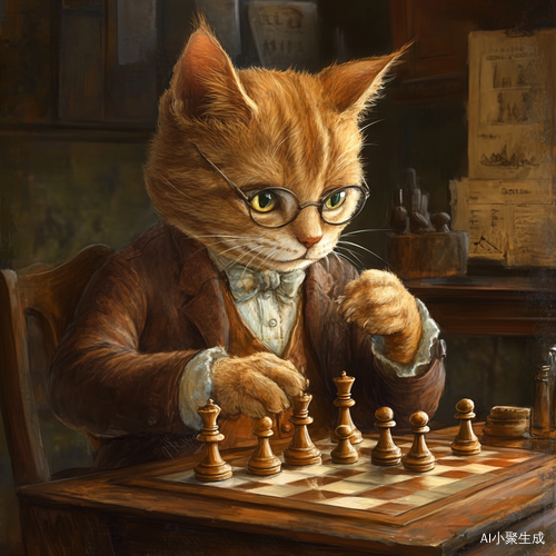 拟人猫专注下棋的棋院场景