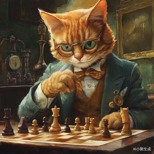 拟人猫专注下棋的棋院场景