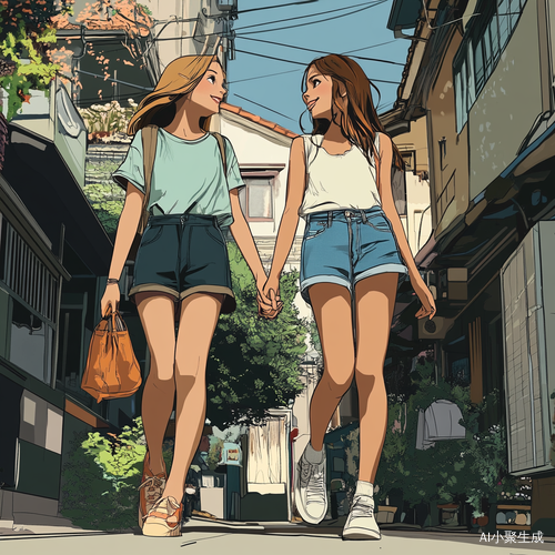 漫画风格的两个漂亮女孩手牵手漫步街头