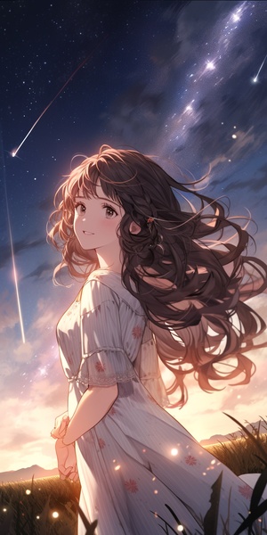 In Gakuen anime style, A girl with long brown curly hair, black eyes, delicate and clear facial features, clean face, luminous skin, white striped dress, starry sky, meteor, flower field, seven-split lens, Morandi color system, soft light