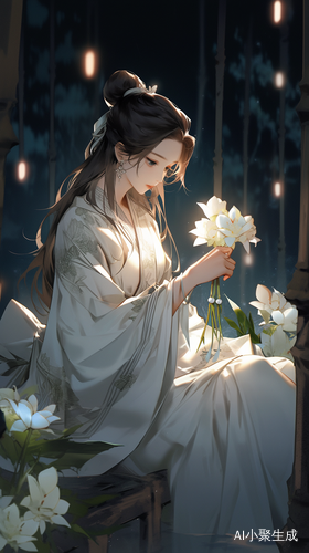 月光下白衣女子祈祷蜡烛与白花的仙女情怀