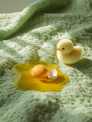 On a matcha green plush tablecloth, a broken egg, the egg wash flows out, the egg liquid flows down the tablecloth like a small river, a plush chick, fine detail, realistic, photographer Nori Inoguchi, aperture f2.8, slow shutter speed, cinematic lighting effects, master photography, masterpiece，ar3:4