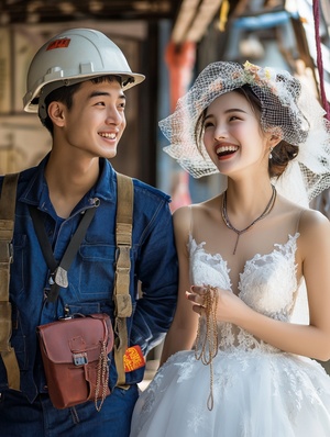 The photograph shows two figures, a young man and a woman in modern China, the man on the left wearing a hard hat and a blue electrician's suit. The woman on the right is wearing a white wedding dress and holding jewelry in her hands, and she is elated. Wedding scene, fine detail, realistic, professional photographer's work, Nikon z5, photographer Cecil Beaton, DSLR camera, cinematic lighting effects, masterpiece，ar3:4，v6.1