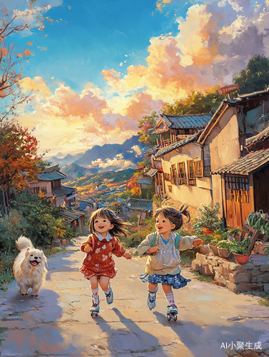 晚霞映照的小村庄里孩子们的快乐时光