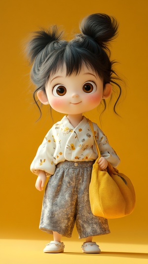 A cute 3 year old Chinese girl with a big head and a small body, her hair is fluffy andmessy tied in a pill head, big eyes, one eye blinking, doe mouth, playful and cute, wearing a long cotton and linen embroidered shaft, a pair of grey cotton and linen straight legged pants, a yellow shoulder bag, striding forward, 3D, illustration ar 9:16stylize 180 niji 6