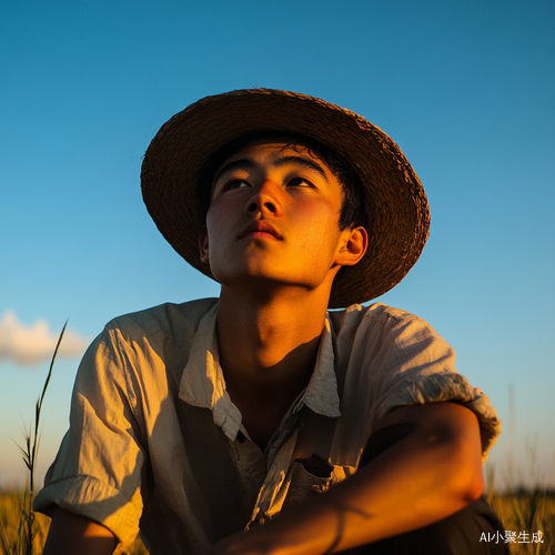 乡村男孩夕阳下的田野与碧蓝天空