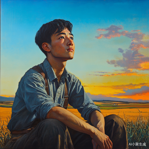 乡村男孩夕阳下的田野与碧蓝天空
