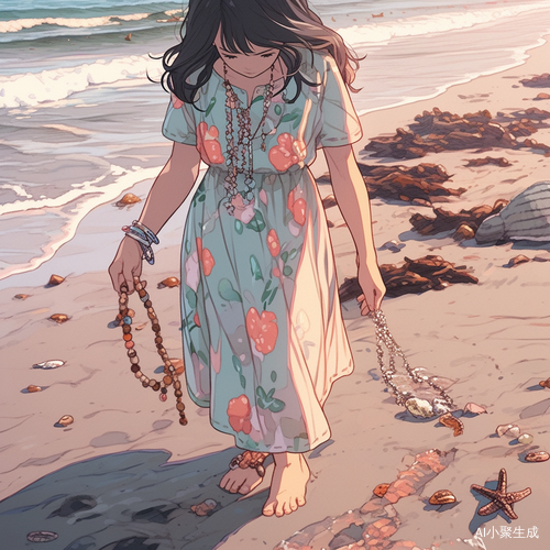 海边散步的女士发现冲上岸的项链
