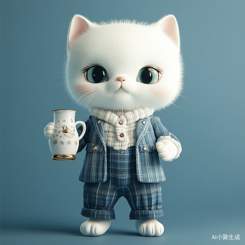 高贵拟人化白色猫咪时尚穿搭可爱微笑全景特写