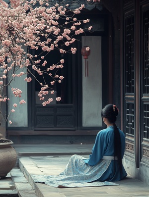 photo level,high quality,1girl,hanfu,robe,dragon,blue shirt,phoenix,cat,black hair,cherry blossoms,sitting,solo,flower,long hair,sliding doors,sash,,accumulated water,reflection,side sitting,skirt,ancient architecture,old photos,leiyu2001,