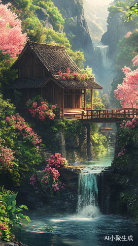 静谧小木屋旁的绿树林花与流水
