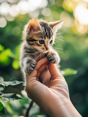 This is a delightful image of a small kitten perched on a person's finger.The backgroun a natural outdoor setting with greenery。The interaction between the kitten and the person's finger creates a sense of connection and the beauty of the moment is captured wel。