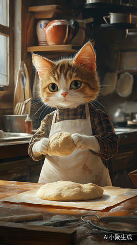 猫咪穿围裙在厨房里揉面