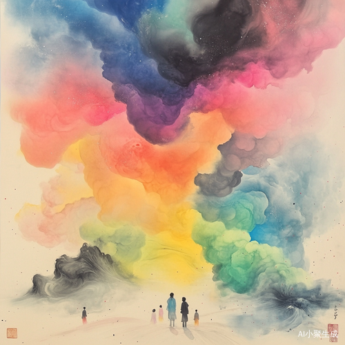梦幻星形色彩烟雾场景中的行走小人