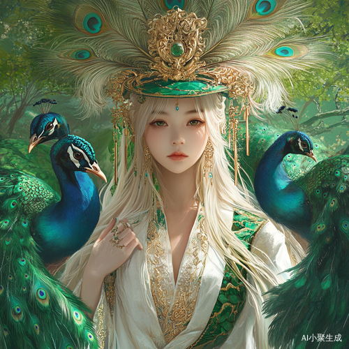 中国女孩金色长发绿帽羽毛汉服与孔雀相伴