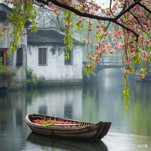 江南水乡春日美景桃花柳树与古宅相映成趣