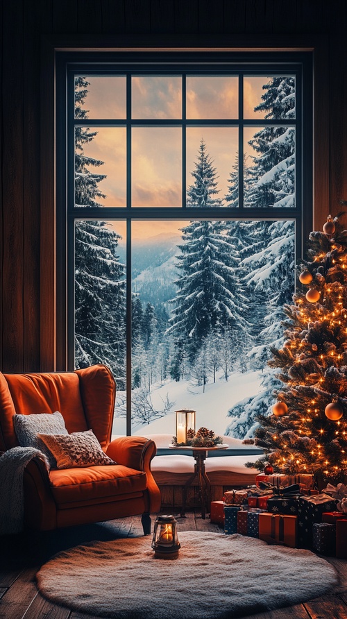 是不是你梦想中的房间呢?A warm room with snow outside the window and a Christmas tree, creating a Christmas atmosphere,dreamy, space art, ambient lighting, integrated art, real estate photography, medium shot, rustic interior design ar 3:4s 750v5.2一个温暖的房间，窗外有雪，还有一棵圣诞树，营造圣诞气氛，梦幻，空间艺术，环境照明，综合艺术，房地产摄影，中景，乡村室内设计ar3:4-s750v5.2