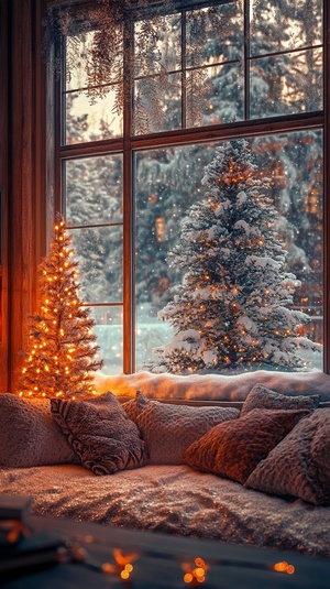 是不是你梦想中的房间呢?A warm room with snow outside the window and a Christmas tree, creating a Christmas atmosphere,dreamy, space art, ambient lighting, integrated art, real estate photography, medium shot, rustic interior design ar 3:4s 750v5.2一个温暖的房间，窗外有雪，还有一棵圣诞树，营造圣诞气氛，梦幻，空间艺术，环境照明，综合艺术，房地产摄影，中景，乡村室内设计ar3:4-s750v5.2