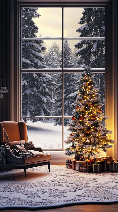 是不是你梦想中的房间呢?A warm room with snow outside the window and a Christmas tree, creating a Christmas atmosphere,dreamy, space art, ambient lighting, integrated art, real estate photography, medium shot, rustic interior design ar 3:4s 750v5.2一个温暖的房间，窗外有雪，还有一棵圣诞树，营造圣诞气氛，梦幻，空间艺术，环境照明，综合艺术，房地产摄影，中景，乡村室内设计ar3:4-s750v5.2