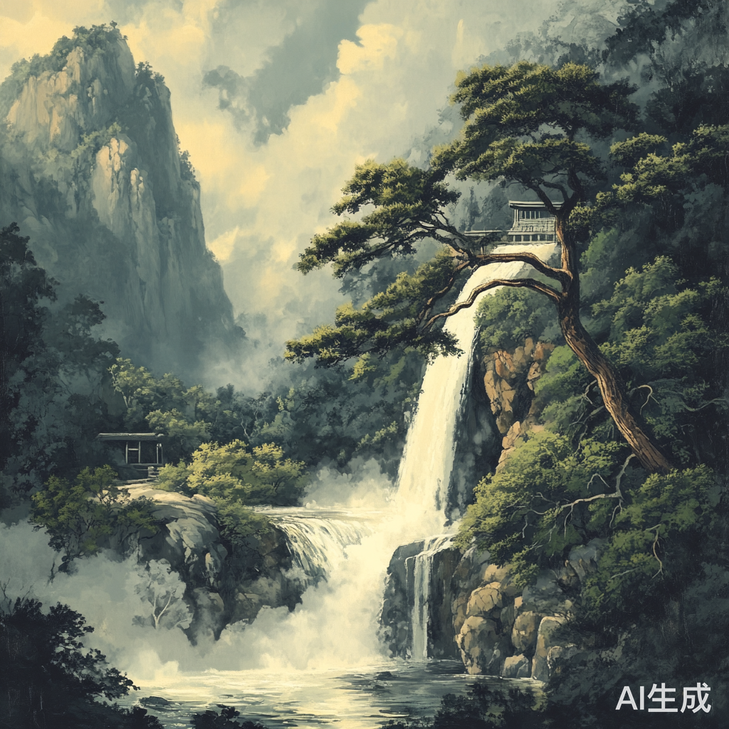 动态瀑布风景中大树与溪流交融的木阁楼