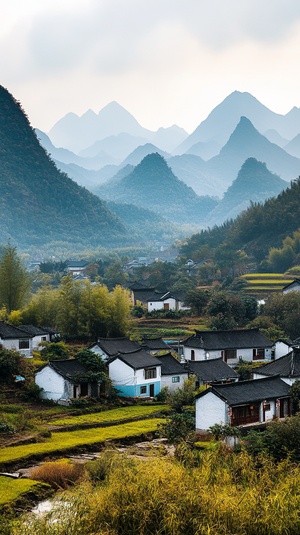 远山环绕的小山村与徽派建筑的田园风光