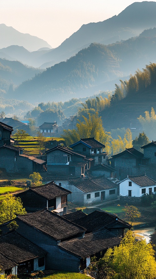 远处群山连绵，山下有个小山村，有很多家房子，房子徽派建筑风格，村子前面有条小溪，小溪边上是草地和农田