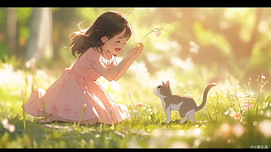 阳光花园中的女孩与小猫的快乐时光