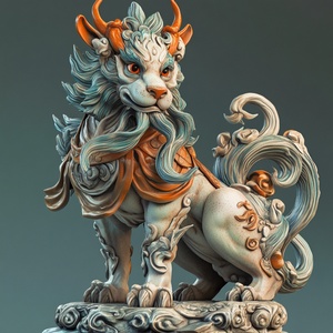 Kirin, is a mythical creature in ancient China, from shanhai classic, they are painted with the lion's head, deer horn, big of eyes, lovely sitting, tang sancai four-legged creature that color of skin, Chinese mythology, Chinese god beast, and the classic, very large, the king of monsters, 8 k, super details, high realism, epic scenes, edge light, style of float world draw, Details, ar 9:16