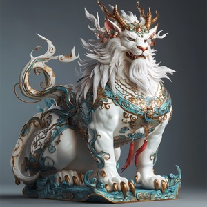 Kirin, is a mythical creature in ancient China, from shanhai classic, they are painted with the lion's head, deer horn, big of eyes, lovely sitting, tang sancai four-legged creature that color of skin, Chinese mythology, Chinese god beast, and the classic, very large, the king of monsters, 8 k, super details, high realism, epic scenes, edge light, style of float world draw, Details, ar 9:16