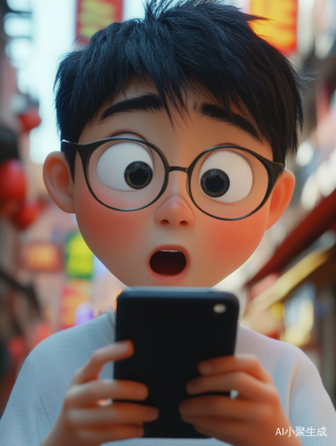 小明专注盯手机屏幕兴奋表情