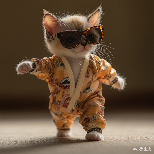 小猫戴墨镜穿唐装直立行走