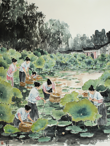 人们在莲池中忙碌采摘莲蓬