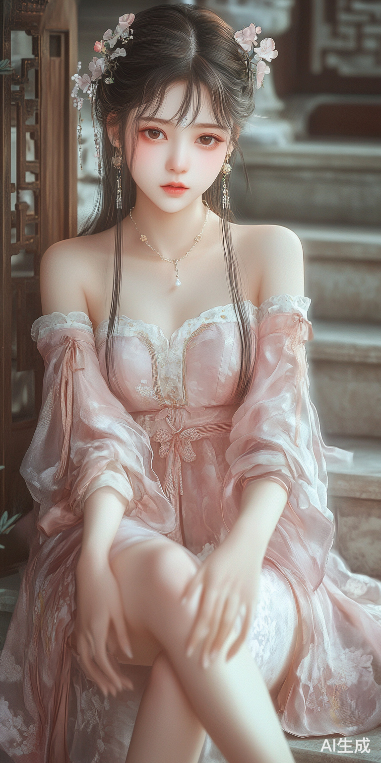 中国美少女优雅甜美的桃花妆与蕾丝睡衣