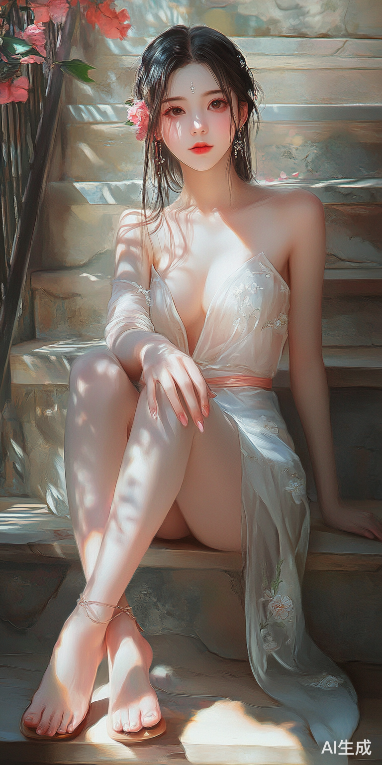 中国美少女优雅甜美的桃花妆与蕾丝睡衣