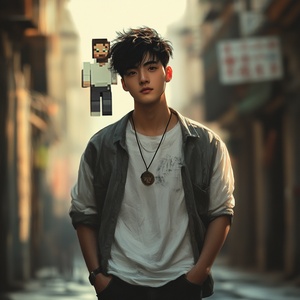 Character: Young Chinese man Appearance: Casual modern clothing, dark hair Expression: Determined, focused Pose: Hands in pockets, standing still Location: Urban setting, possibly a city street Background: Faint, translucent silhouette of Steve from Minecraft behind him Art Style: Semi-realistic with a touch of digital art Camera Settings: Medium depth of field, emphasis on the character Lighting: Soft, diffused light with subtle shadows to highlight the figure Rendering Quality: High resolution for detaile