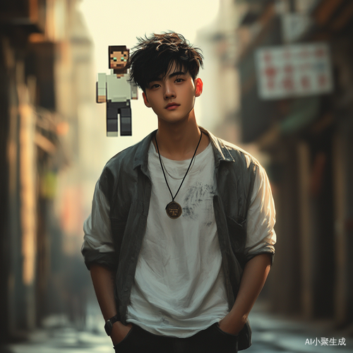 年轻中国男子在城市街道上的坚决形象与Minecraft背景
