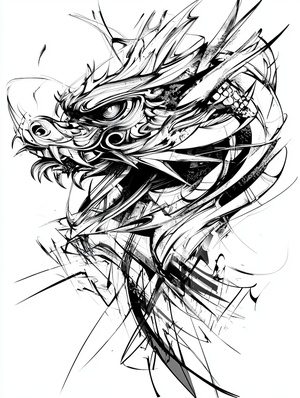 abstract andaluz the head of Chinese dragon t shirt design. Deconstructed minimalist thin line drawing. no background, Fractal split effect. High fashion style of Dolce Gabbana and Balenciaga .0