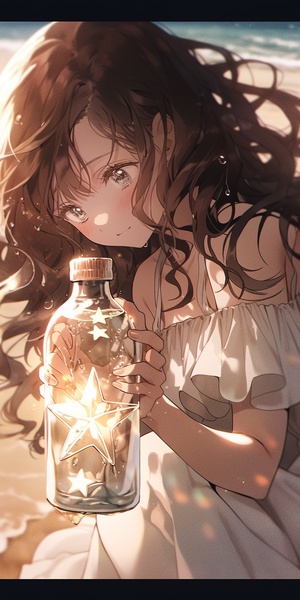 In Gakuen anime style, A girl with long brown curly hair, black eyes, delicate and clear facial features, clean face, luminous skin, white dress, starry sky, wishing bottle, beach, seven-split lens, Morandi color system, soft light