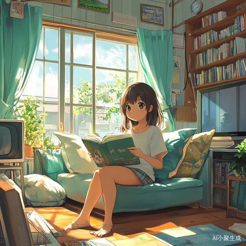 可爱女孩在沙发上阅读书籍的日本动漫风格插图