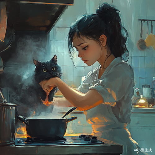 女生炒菜手忙脚乱猫咪在旁协助