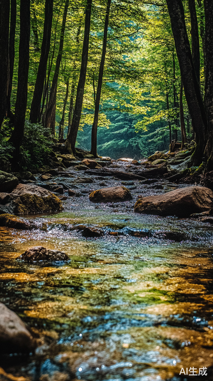 溪水树木与倒落树的自然景观