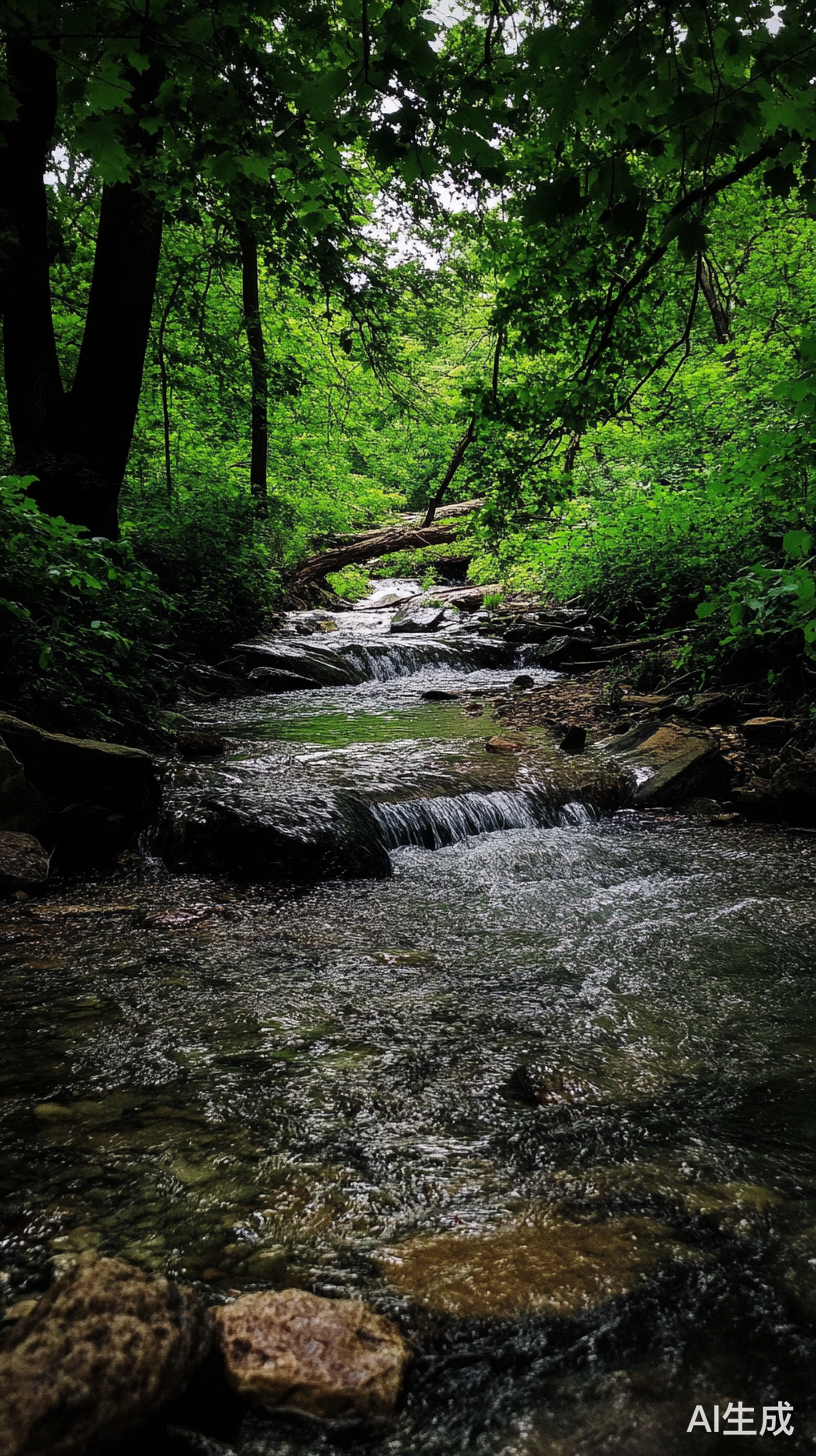 溪水树木与倒落树的自然景观