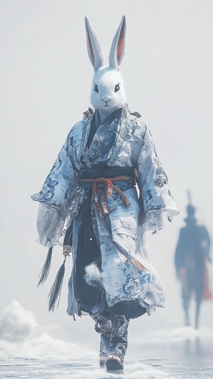 anthropomorphic rabbit Wearing a Hanfu robe and boots，Chinese classical clothing, minimalist style, cold temperament， high-end design style，A tall figure，Full body，Walking In The Air，Cloud and mist entanglement，Horsehead，anthropomorphic，Artistic runway show,Long Shot，White gray color tone，Mysterious feeling, mythological legend，Capture dynamic shots of runway shows，16K chaos 40 stylize 750