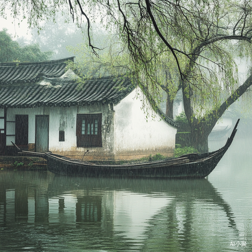 江南春天的古船与小木屋的诗意景象