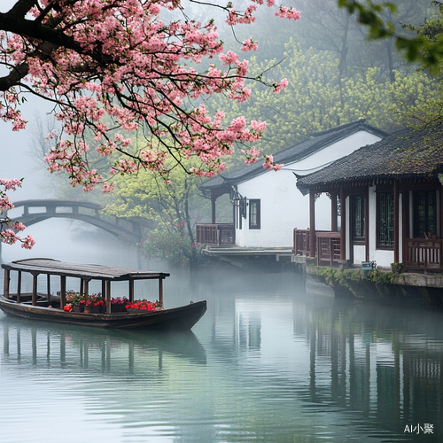 春天中国风水墨画河面古船与白木屋