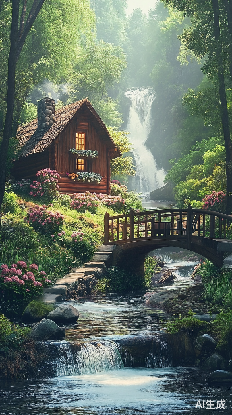 森林中小木屋旁的花海和流水风景